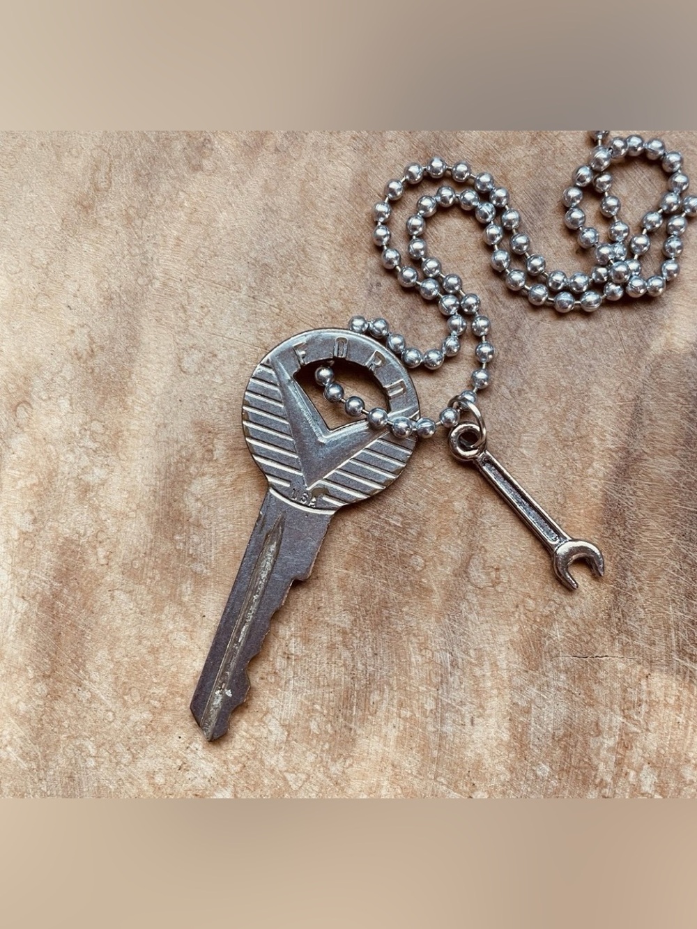 Vintage Ford Silver Key Pendant Necklace - Men Accessories wrench charm